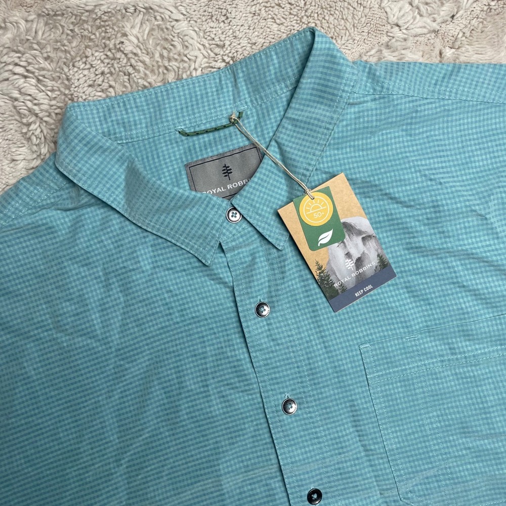 Royal Robbins Mens Desert Pucker Dry SS Shirt 3XL Nile Blue Gingham Relaxed Fit - Picture 1 of 11